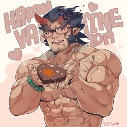 Rule 34 | 1boy, abs, bara, black hair, blush, candy, chocolate, chocolate heart, chocolate on body, chocolate on pectorals, commentary request, demon boy, facial hair, fang, fiery horns, food, food on body, glasses, heart, horns, jewelry, large pectorals, long sideburns, looking at viewer, male focus, muscular, nantaimori, necklace, nipples, pectorals, red eyes, rybiok, scar, sideburns, simple background, smile, solo, stubble, takemaru (housamo), teeth, tokyo houkago summoners, valentine