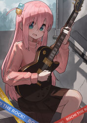 Rule 34 | 1girl, blue eyes, bocchi the rock!, commentary, copyright name, cube hair ornament, electric guitar, feet out of frame, gibson les paul, gotoh hitori, guitar, hair between eyes, hair ornament, hair over eyes, holding, holding instrument, indoors, instrument, jacket, katsu (katsupainter), long hair, long sleeves, looking at viewer, music, one side up, open mouth, pink hair, pink jacket, playing instrument, pleated skirt, shaded face, sitting, skirt, solo, stairs, stairwell, track jacket