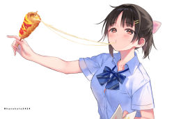 Rule 34 | 1girl, black hair, blue bow, blush, bow, cheese, cheese trail, collared shirt, commentary request, corn dog, doukyuusei (hanekoto), dress shirt, eating, food, hair bow, hair ornament, hairclip, hanekoto, ketchup, mustard, o3o, original, ponytail, school uniform, shirt, short sleeves, simple background, solo, sweatdrop, twitter username, white background