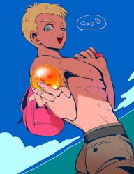 Rule 34 | 1boy, ;d, backpack, bag, blonde hair, blue (dragon ball), blue eyes, cloud, day, dragon ball, dragon ball (object), heart, katori (katokichi), looking at viewer, male focus, one eye closed, open mouth, short hair, sky, smile, solo, speech bubble, topless male