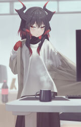 Rule 34 | 1girl, absurdres, black hair, black skirt, blurry, blurry background, breasts, coat, coca-cola, colored skin, commentary request, dragon girl (mr-shin), frown, hair between eyes, highres, horn ornament, horn ring, horns, hot drink, indoors, jewelry, keyboard (computer), long hair, long skirt, long sleeves, looking at viewer, mr-shin, multicolored hair, multicolored skin, open clothes, open coat, original, picture frame, plastic bottle, red hair, red skin, ring, sidelocks, skirt, small breasts, solo, steam, sweater, table, undressing, white coat, white sweater, wide sleeves, window, yellow eyes