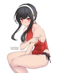 Rule 34 | 1girl, black hair, casual one-piece swimsuit, cowboy shot, hairband, highres, leaning forward, long hair, looking at viewer, mundanemouse, one-piece swimsuit, red eyes, side-tie swimsuit, sidelocks, simple background, sitting, solo, spy x family, swimsuit, turtleneck, white background, white hairband, yor briar