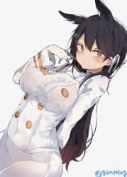 Rule 34 | 1girl, animal ears, arm behind back, atago (azur lane), azur lane, bad id, bad pixiv id, black hair, blush, breasts, brown eyes, buttons, closed mouth, covered erect nipples, covered navel, cowboy shot, double-breasted, dutch angle, gloves, grey background, k pring, large breasts, long hair, long sleeves, looking at viewer, military, military uniform, mole, mole under eye, playing with own hair, simple background, solo, standing, twitter username, uniform, very long hair, white gloves