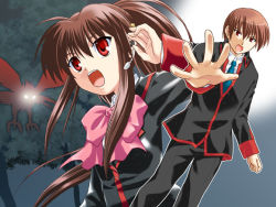 Rule 34 | 1boy, 1girl, bird, bow, brother and sister, brown hair, headset, little busters!, long hair, microphone, mutsuki masato, natsume kyousuke, natsume rin, pink bow, ponytail, red eyes, school uniform, siblings, silhouette