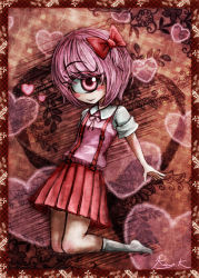 Rule 34 | 1girl, abstract background, blush, blush stickers, bow, cyclops, hair ribbon, heart, heart background, kneeling, looking at viewer, monster girl, one-eyed, original, pink eyes, pink hair, pink theme, ray-k, red bow, red skirt, ribbon, short hair, single eye, skirt, smile, socks, solo, suspenders