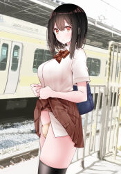 Rule 34 | 1girl, black hair, black thighhighs, bow, bowtie, breasts, brown eyes, brown skirt, closed mouth, clothes lift, collared shirt, commentary request, double-parted bangs, hair between eyes, highres, large breasts, lifting own clothes, light blush, looking at viewer, medium hair, oouso, original, outdoors, panties, plaid, plaid bow, plaid bowtie, pleated skirt, red bow, red bowtie, shirt, short sleeves, skirt, skirt lift, solo, straight hair, thick thighs, thighhighs, thighs, train, train station, underwear, white shirt, yellow panties