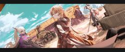 3girls absurdres animal_ears anti-materiel_rifle blonde_hair blue_sky bolt_action box breasts car closed_mouth cloud cloudy_sky commentary dark-skinned_female dark_skin english_commentary fake_animal_ears girls&#039;_frontline girls&#039;_frontline_2:_exilium groza_(girls&#039;_frontline_2) gun highres holding holding_gun holding_sword holding_weapon krmpuris krolik_(girls&#039;_frontline_2) long_hair looking_at_viewer looking_back mechanical_ears motor_vehicle mountain multiple_girls nemesis_(girls&#039;_frontline_2) orange_eyes ots-14_(girls&#039;_frontline) outdoors ponytail purple_eyes rabbit_ears red_eyes rifle shield sig_san_511 sky sniper_rifle standing sword unused_tire weapon white_hair