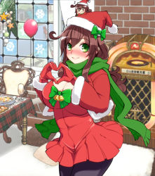 Rule 34 | 10s, 1girl, blush, breasts, brown hair, christmas, cleavage, curvy, green eyes, hanauna, hat, heart, heart hands, huge breasts, kantai collection, long hair, looking at viewer, noshiro (kancolle), pantyhose, santa hat, smile, solo, wide hips