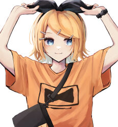 Rule 34 | 1girl, absurdres, adjusting hair ornament, alternate costume, bag, black bag, black bow, black hairband, blonde hair, blue eyes, bow, casual, closed mouth, commentary, dot nose, hair bow, hair ornament, hairband, hairclip, hands up, highres, kagamine rin, looking to the side, mukomaru, orange shirt, print shirt, shirt, short hair, short sleeves, shoulder bag, simple background, smile, solo, t-shirt, upper body, vocaloid, watch, white background, wristwatch