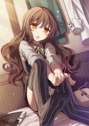 Rule 34 | 1girl, adjusting clothes, adjusting legwear, black thighhighs, blouse, blush, brown eyes, brown hair, feet, grey shirt, hair between eyes, indoors, long hair, looking at viewer, no pants, no shoes, open mouth, shirt, sitting, soles, solo, striped clothes, striped thighhighs, thighhighs, vertical-striped clothes, vertical-striped thighhighs, wavy hair