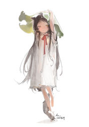 Rule 34 | 1girl, absurdres, animal ears, arms up, barefoot, brown eyes, brown hair, dated, dress, frilled dress, frills, grey background, heterochromia, highres, kurikabacha, leaf, leaf on head, leg up, long hair, original, parted lips, red ribbon, ribbon, signature, simple background, sketch, solo, tail, white dress, yellow eyes
