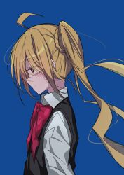 Rule 34 | 1girl, absurdres, ahoge, blonde hair, blue background, bocchi the rock!, bow, braid, brown eyes, closed mouth, collared shirt, floating hair, from side, hair between eyes, highres, ijichi nijika, long hair, profile, red bow, shirt, side ponytail, smile, solo, sweater vest, toake mikage, very long hair, white shirt