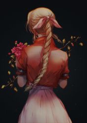 Rule 34 | 1girl, aerith gainsborough, black background, bouquet, brown hair, facing away, final fantasy, final fantasy vii, flower, from behind, gradient background, grey skirt, hair ribbon, highres, holding, holding bouquet, holding flower, jacket, long hair, pink ribbon, red flower, red jacket, ribbon, sera (serappi), short sleeves, skirt, solo, square enix