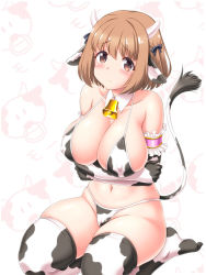 Rule 34 | 1girl, animal ears, animal print, bell, bikini, blush, breasts, brown eyes, brown hair, cameltoe, chinese zodiac, cleavage, covered erect nipples, cow ears, cow girl, cow horns, cow print, cow tail, elbow gloves, fake animal ears, fake horns, fake tail, female focus, gloves, horns, large breasts, looking at viewer, maehara nina, ochikobore fruit tart, short hair, solo, swimsuit, tail, tanuki yousuke, thighhighs, year of the ox