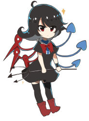 Rule 34 | 1girl, ahoge, asymmetrical wings, bad id, bad pixiv id, black dress, black hair, black thighhighs, boots, bow, chibi, dress, expressionless, full body, highres, holding, holding weapon, houjuu nue, peach camellia, polearm, red eyes, short dress, short hair, short sleeves, simple background, solo, sparkle, thighhighs, touhou, trident, weapon, white background, wings, wristband