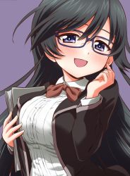 Rule 34 | 1girl, ahoge, bespectacled, black hair, black jacket, blazer, blue-framed eyewear, blue background, blue eyes, bow, bowtie, breasts, commentary, dress shirt, girls und panzer, glasses, half-closed eyes, highres, holding, inoue kouji, isuzu hana, jacket, large breasts, long hair, long sleeves, looking at viewer, notepad, open mouth, red bow, red bowtie, shirt, simple background, smile, solo, teacher, white shirt, wing collar