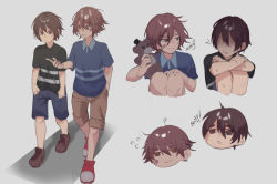 Rule 34 | 2boys, bandaid, bandaid on cheek, bandaid on face, blue shirt, blue shorts, brown hair, crying child (fnaf), five nights at freddy&#039;s, five nights at freddy&#039;s: security breach, five nights at freddy&#039;s 4, freddy fazbear, gregory (fnaf), hands in pockets, highres, m xsps, multiple boys, shirt, short hair, shorts, smile, striped clothes, striped shirt, stuffed animal, stuffed toy, tears, teddy bear, time paradox, trait connection