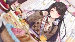 Rule 34 | 1girl, :q, birthday, black hair, blush, bow, cake, cake slice, checkered clothes, checkered shirt, cherry, commentary request, dessert, doughnut, dutch angle, food, food on face, fork, fruit, hair bow, happy birthday, hat, highres, holding, holding fork, indoors, juice, long hair, long sleeves, looking at viewer, one eye closed, original, parted bangs, party hat, pudding, puffy long sleeves, puffy sleeves, red eyes, sash, shirt, shoulder sash, solo, strawberry, strawberry shortcake, tongue, tongue out, tsuchikure, v, white bow