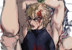 Rule 34 | 2boys, arms up, ashva, black leotard, bleeding, blonde hair, blood, blood on clothes, blood on face, dio brando, earrings, highres, implied anal, jewelry, jojo no kimyou na bouken, leg grab, leotard, long hair, looking at viewer, male focus, multiple boys, muscular, muscular male, pov, rape, red eyes, sex, spread legs, stardust crusaders, yaoi