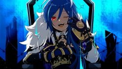 Rule 34 | + +, 1boy, ;d, abstract background, arm up, backlighting, black gloves, blue hair, blue theme, cape, commentary, crown, dark-skinned male, dark skin, derivative work, fangs, fingerless gloves, formal, fur-trimmed cape, fur trim, genshin impact, gloves, holding, holding crown, kaeya (genshin impact), king (vocaloid), long hair, male focus, one eye closed, open mouth, parody, ponytail, red eyes, sidelocks, sitting, smile, solo, symbol-shaped pupils, teeth, thrown, tongue, upper body, upper teeth only, vocaloid, yuuzatta