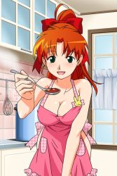 Rule 34 | 1girl, apron, bare shoulders, blush, breasts, cleavage, green eyes, high ponytail, holding, indoors, kitchen, large breasts, long hair, looking at viewer, mana (super real mahjong), naked apron, official art, open mouth, orange hair, religious offering, smile, solo, spoon, super real mahjong, tanaka ryou