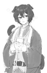 Rule 34 | 1boy, blush, collared shirt, cup, disposable cup, greyscale, highres, holding, holding cup, limbus company, long sleeves, looking at viewer, male focus, monochrome, necktie, parted lips, project moon, shirt, simple background, solo, uchimura (rino0525), upper body, vest, wide sleeves, yi sang (project moon)