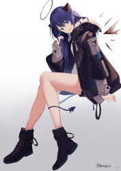 Rule 34 | 1girl, :d, absurdres, arknights, bare legs, black footwear, black jacket, blue eyes, blue hair, boots, commentary, copyright name, full body, fur-trimmed jacket, fur trim, gradient background, grey background, halo, highres, horns, jacket, long hair, long sleeves, looking at viewer, mizu (lzzrwi603), mostima (arknights), open mouth, sitting, smile, solo, tail, thighs, white background