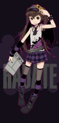 Rule 34 | 1girl, alternate costume, arm warmers, belt, boots, bracelet, brown eyes, brown hair, cellphone, contemporary, female focus, himekaidou hatate, jewelry, miniskirt, newspaper, phone, pixel art, plaid, plaid skirt, skirt, smile, solo, striped clothes, striped thighhighs, suzuhara kenji, thighhighs, touhou, twintails
