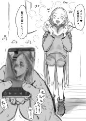 Rule 34 | 1boy, 1girl, :d, ankle boots, bar censor, blurry, blurry foreground, blush, boots, cellphone, censored, cum, depth of field, facing viewer, fang, greyscale, haguhagu (rinjuu circus), highres, holding, holding phone, hood, hood down, hoodie, long hair, long sleeves, monochrome, open mouth, original, penis, penis on face, phone, photo (object), photo comparison, sasha (haguhagu), smartphone, smile, standing, translated, trembling, very long hair