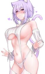 Rule 34 | 1girl, absurdres, ahoge, alternate costume, animal ear fluff, animal ears, aurahman, bare shoulders, blush, breasts, cat ears, cat girl, cat tail, closed mouth, detached sleeves, hair between eyes, heart, highres, hololive, large breasts, looking at viewer, meme attire, navel, nekomata okayu, panties, purple eyes, purple hair, ribbed panties, ribbed sleeves, ribbed sweater, ribbed thighhighs, short hair, side-tie panties, sideboob, simple background, sleeveless, sleeveless turtleneck, smile, solo, sweater, tail, turtleneck, turtleneck sweater, underwear, virgin destroyer sweater, virtual youtuber, white background