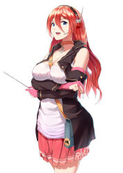 Rule 34 | 1girl, azur lane, bag, bare shoulders, between breasts, black vest, blue eyes, breasts, chalk, choker, cleavage, clothes writing, collared vest, covered erect nipples, crossed arms, detached sleeves, elbow gloves, gloves, gt-apex, hair between eyes, headset, highres, holding, holding pointer, large breasts, long hair, looking at viewer, miniskirt, mole, mole under eye, no bra, open clothes, open mouth, open vest, partially fingerless gloves, pink gloves, pink hair, pink skirt, pleated skirt, pointer, ranger (azur lane), shirt, simple background, skirt, solo, strap between breasts, teacher, vest, white background, white shirt