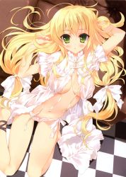 Rule 34 | 1girl, absurdres, ahoge, barefoot, blonde hair, blush, bow, bow panties, breasts, chair, checkered floor, covered erect nipples, from above, green eyes, highres, large breasts, long hair, looking at viewer, navel, no bra, open clothes, open mouth, original, panties, perspective, pink panties, puffy nipples, ribbon, scan, sitting, solo, tsurusaki takahiro, underboob, underwear, wariza