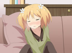 Rule 34 | 1girl, blonde hair, blush, breasts, breath, closed eyes, collarbone, couch, female masturbation, flower, hair ornament, masturbation, moaning, open mouth, sakura trick, small breasts, solo, sonoda yuu, source request