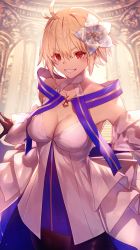Rule 34 | 1girl, absurdres, archetype earth, arcueid brunestud, bare shoulders, black gloves, blonde hair, blue skirt, blush, breasts, brown pantyhose, cleavage, detached sleeves, dress, fate/grand order, fate (series), flower, gloves, grin, hair flower, hair ornament, highres, large breasts, long skirt, looking at viewer, multicolored clothes, multicolored skirt, nakanishi tatsuya, pantyhose, red eyes, short hair, skirt, smile, solo, thighs, tsukihime, white dress, white skirt