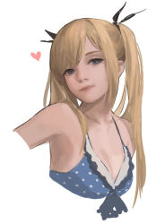 Rule 34 | 1girl, bare shoulders, bikini, black bow, blonde hair, blue bikini, blue eyes, bow, bright pupils, closed mouth, cropped arms, cropped torso, dead or alive, dead or alive 5, hair bow, long hair, looking at viewer, marie rose, polka dot, polka dot bikini, pumpkinspicelatte, simple background, solo, swimsuit, upper body, white background, white pupils