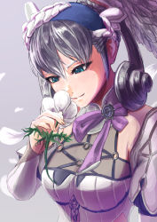 Rule 34 | 1girl, blue eyes, braid, breasts, crown braid, flower, grey background, hair between eyes, head wings, highres, ikastak, juliet sleeves, long sleeves, medium breasts, melia antiqua, o-ring, o-ring top, puffy sleeves, silver hair, smelling flower, smile, solo, upper body, white flower, wings, xenoblade chronicles: future connected, xenoblade chronicles (series), xenoblade chronicles 1