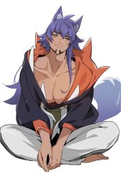 1boy absurdres animal_ear_fluff animal_ears bare_pectorals barefoot closed_mouth collarbone creatures_(company) dark-skinned_male dark_skin drawstring facial_hair game_freak goatee highres hood hood_down hoodie indian_style kemonomimi_mode leon_(pokemon) long_hair looking_at_viewer male_focus nintendo pants pectorals pokemon pokemon_swsh purple_hair sitting sleeve_cuffs smile solo tail twitter_username two-sided_hoodie very_long_hair white_pants yellow_eyes yunoru