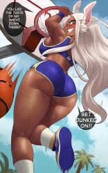 Rule 34 | 1girl, :d, absurdres, animal ears, ass, back, ball, bare shoulders, basket, basketball, basketball (object), basketball hoop, blue footwear, blue shorts, blue sports bra, blue wristband, blush, boku no hero academia, breasts, dark-skinned female, dark skin, echo saber, english text, from behind, from below, high tops, highres, holding, kneepits, large breasts, long eyelashes, long hair, looking at viewer, mirko, motion lines, nike (company), open mouth, outdoors, palm tree, parted bangs, playing sports, rabbit ears, rabbit girl, rabbit tail, red eyes, shoes, short shorts, shorts, sky, smile, sneakers, socks, solo, speech bubble, sports bra, sportswear, tail, teeth, thick thighs, thighs, tree, very long hair, white hair, white socks
