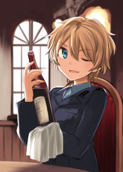 Rule 34 | 10s, 1girl, blonde hair, blue eyes, bottle, brave witches, looking at viewer, military, military uniform, one eye closed, open mouth, short hair, solo, tsuchii (ramakifrau), uniform, waltrud krupinski, wine bottle, world witches series