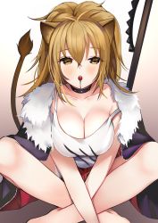 Rule 34 | 1girl, animal ears, arknights, bare legs, barefoot, black jacket, breasts, brown eyes, brown hair, candy, cleavage, commentary, food, food in mouth, fur-trimmed jacket, fur trim, gradient background, grey background, hair between eyes, indian style, jacket, jacket on shoulders, large breasts, lion ears, lion tail, lollipop, long hair, looking at viewer, mouth hold, ry thae, siege (arknights), sitting, solo, tail, tank top, white background, white tank top