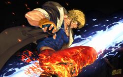 Rule 34 | 1boy, absurdres, artist name, black coat, black gloves, blonde hair, blue eyes, blue tank top, coat, fingerless gloves, fire, gloves, highres, jewelry, ken masters, large pectorals, male focus, muscular, muscular male, necklace, open clothes, open coat, pants, pectorals, red pants, short hair, sleeves rolled up, solo, spunkyramaz, street fighter, street fighter 6, tank top