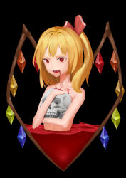 Rule 34 | 1girl, absurdres, black background, blonde hair, blood, blood from mouth, collarbone, commentary request, crystal, fang, flandre scarlet, hair ribbon, highres, holding, holding skull, long hair, looking at viewer, no headwear, nude, one side up, open mouth, red eyes, red ribbon, ribbon, simple background, skull, solo, touhou, upper body, wings, xian yu zhanshi