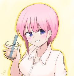 Rule 34 | 1girl, bad id, bad pixiv id, blush, breasts, bubble tea, cleavage, collarbone, collared shirt, cup, disposable cup, dress shirt, drinking straw, go-toubun no hanayome, grin, hair between eyes, highres, holding, holding cup, kujou karasuma, looking at viewer, medium breasts, nakano ichika, outline, pink hair, pink shirt, purple eyes, shirt, short hair, signature, smile, solo, upper body, yellow outline