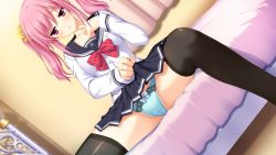 Rule 34 | 1girl, aqua panties, bed, bed sheet, black thighhighs, blush, bow, bowtie, cameltoe, closed mouth, clothes lift, curtains, dutch angle, frills, game cg, indoors, kinmedai pink, koizumi amane, lifted by self, lingerie, long hair, long sleeves, looking away, miyamae iroha, on bed, panties, pink eyes, pink hair, purple eyes, red bow, red bowtie, school uniform, sei shoujo ~seido ikusei gakuen~, sitting, skirt, skirt lift, solo, spread legs, thighhighs, twintails, underwear