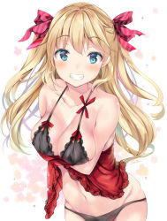 Rule 34 | 1girl, :d, babydoll, bad id, bad pixiv id, bare shoulders, black panties, blonde hair, blue eyes, blush, bra, breast hold, breasts, cleavage, collarbone, colored eyelashes, covered erect nipples, grin, hair ribbon, lace, lace-trimmed bra, lace trim, large breasts, long hair, looking at viewer, multicolored background, navel, open mouth, original, panties, pink ribbon, ribbon, smile, solo, stomach, striped ribbon, suihi, tareme, teeth, two side up, underwear, underwear only, very long hair