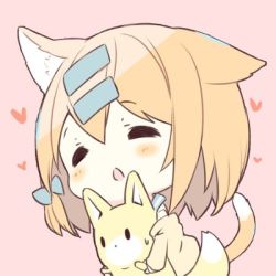 Rule 34 | 1girl, animal, animal ear fluff, animal ears, blush, brown jacket, cat ears, cat girl, cat tail, chibi, closed eyes, commentary request, fox, hair between eyes, hair ornament, hairclip, heart, iku kurumi, jacket, lowres, off shoulder, original, p19, parted lips, pink background, simple background, solo, sweat, tail, virtual youtuber