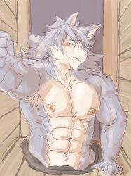 1boy abs absurdres animal_ears arm_up armpit_hair bara biceps blush closed_eyes dog_boy dog_ears dog_nose facing_to_the_side furry furry_male glory_wall grey_fur grey_hair highres implied_sex kouya_aotsuki lying male_focus morenatsu muscular muscular_male navel nipples on_back open_mouth pectorals through_wall topless_male upper_body veins veiny_arms yunu38