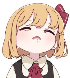 Rule 34 | 1girl, absurdres, ascot, black vest, blonde hair, closed eyes, collared shirt, drooling, hair ribbon, highres, kame (kamepan44231), mouth drool, open mouth, red ascot, red ribbon, ribbon, rumia, shirt, short hair, simple background, solo, touhou, vest, white background, white shirt