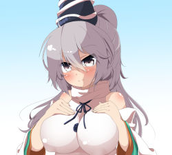 Rule 34 | 1girl, bare shoulders, blush, body blush, breast suppress, breasts, detached sleeves, covered erect nipples, grey eyes, grey hair, hands on own chest, hat, highres, japanese clothes, kariginu, large breasts, lips, long hair, looking at viewer, mononobe no futo, pom pom (clothes), ponytail, smile, solo, takimoto yukari, tate eboshi, touhou, turtleneck, upper body