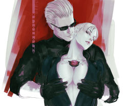 Rule 34 | albert wesker, blonde hair, grabbing another&#039;s breast, breasts, grabbing, jill valentine, madbedlam, mind control, pale skin, ponytail, red background, red lips, resident evil, resident evil 5, sunglasses